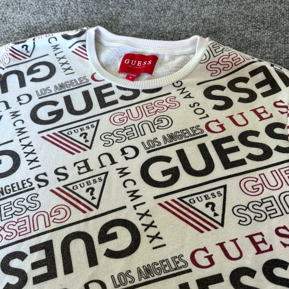 Guess Sweatshirt Mens XL All Over Logo Print Cotton Blend Regular White Vintage